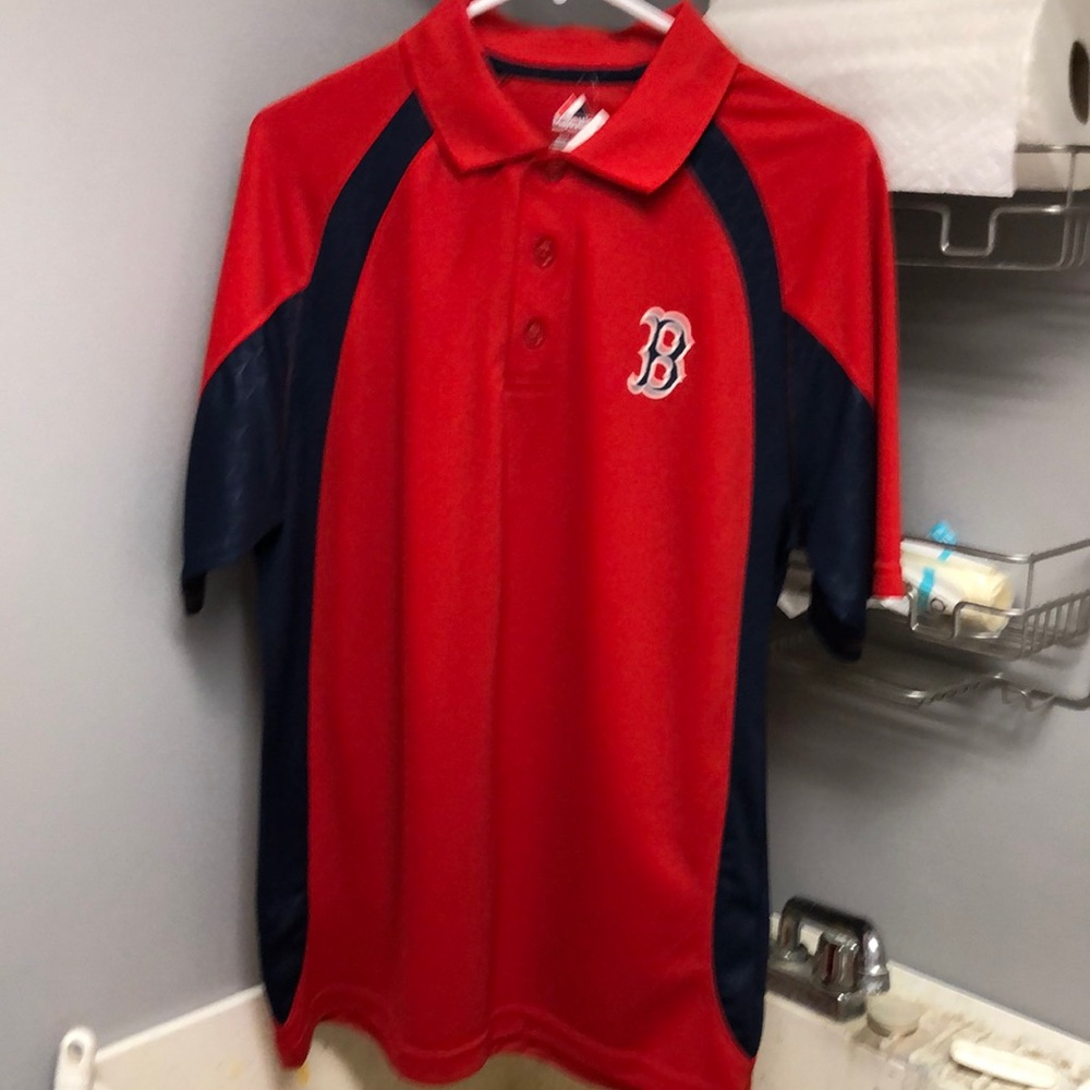 Boston Red Sox MLB Majestic Red w Blue Air Force Trim Polo Shirt Mens Medium NWT